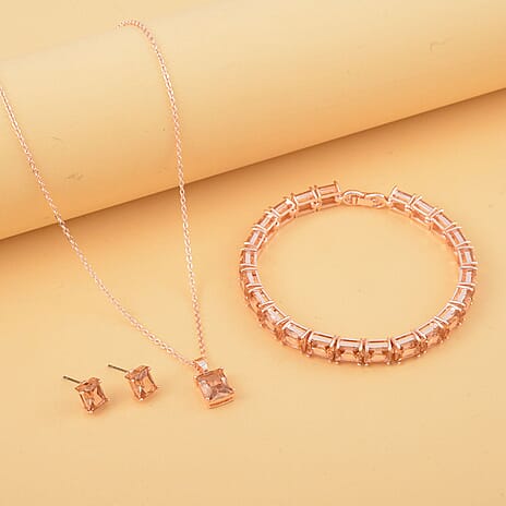 Set of 3 - Champagne Cubic Zirconia Bracelet (Size - 7), Push Back Earring & Pendant with Chain (Size 20-2 Ext) in Rose Gold Tone 8.20 Ct.