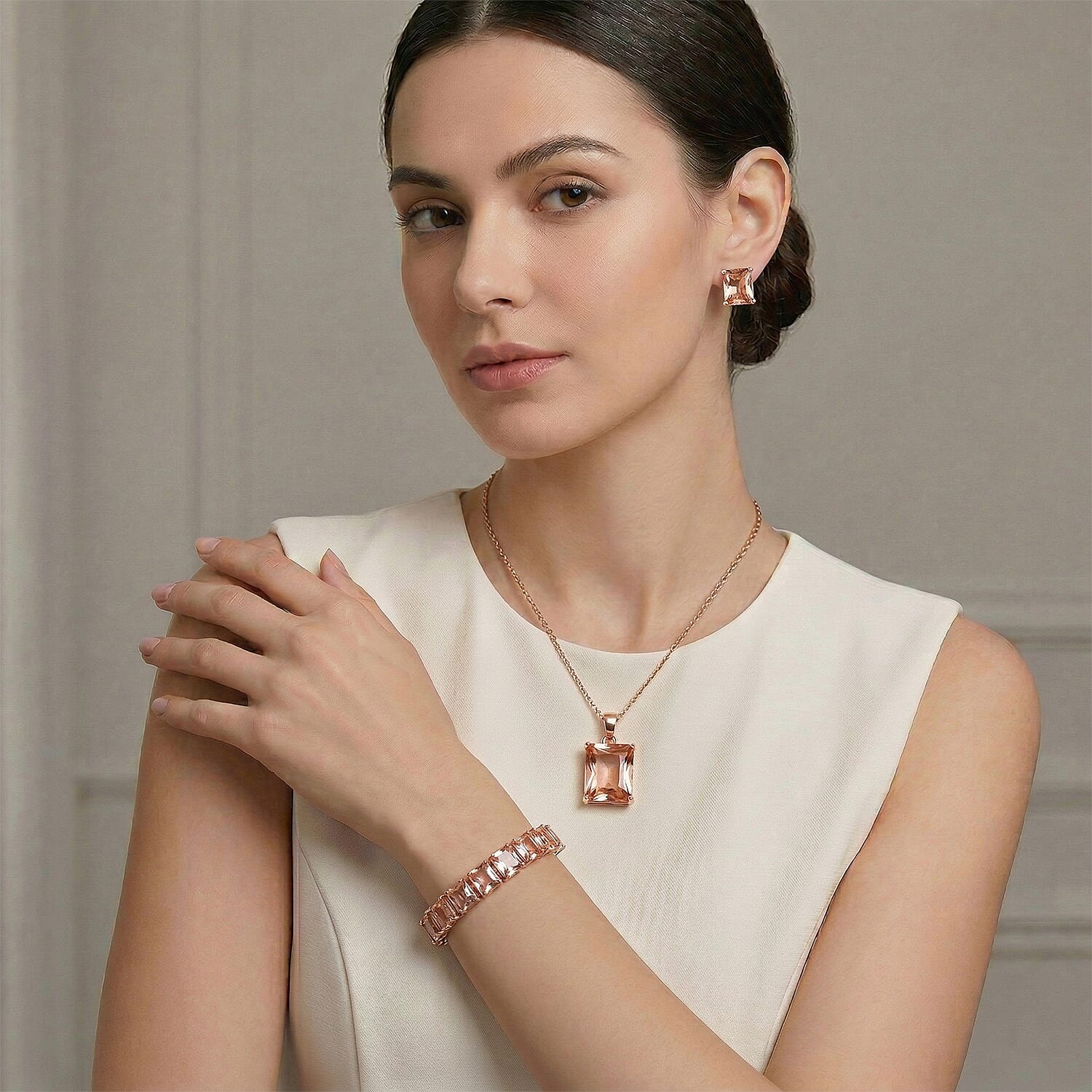 Set of 3 - Champagne Cubic Zirconia Bracelet (Size - 7), Push Back Earring & Pendant with Chain (Size 20-2 Ext) in Rose Gold Tone 8.20 Ct.