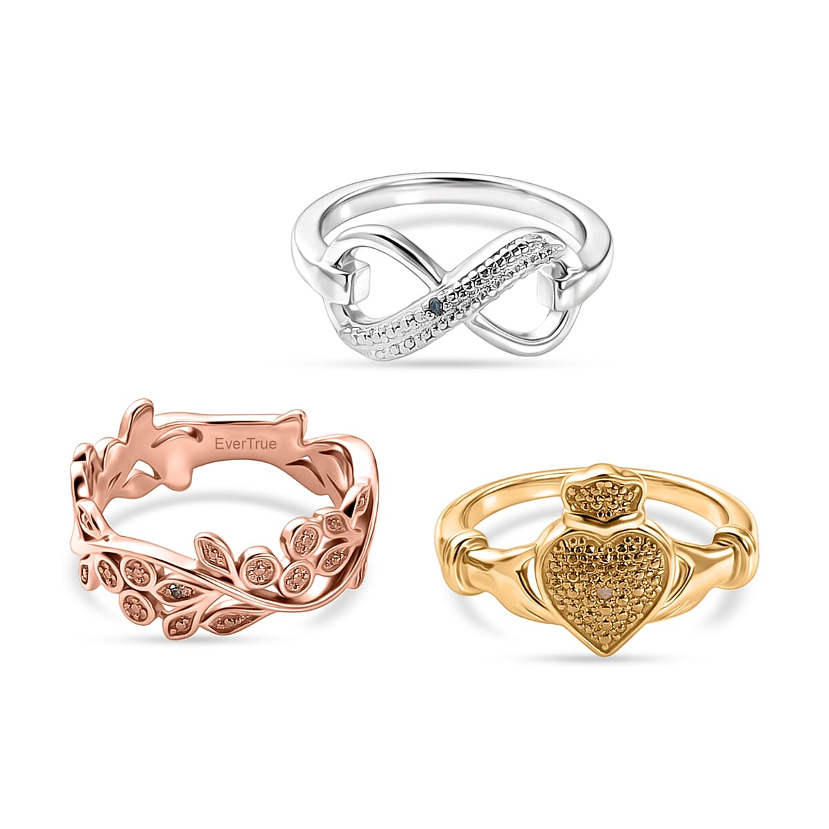Set of 3 - EverTrue Multi Diamond Ring in Infinity, Heart & Leaf Vine Design