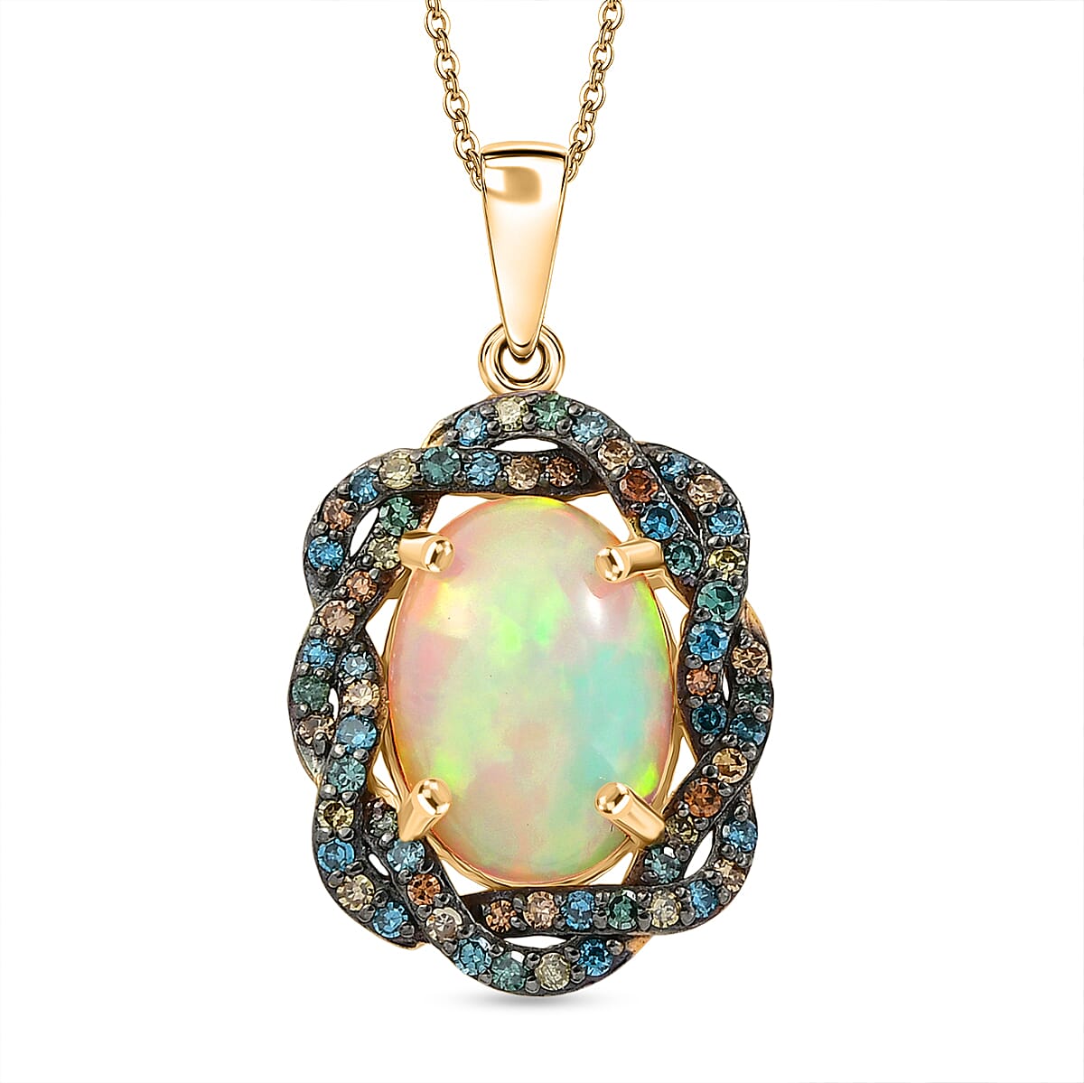 Luxuriant - AAA Ethiopian Opal & SI-G-H Lab Grown Multi Diamond Cluster Halo Pendant with Chain (Size 20) in 18K Vermeil Yellow Gold Plated Sterling Silver 5.08 Ct