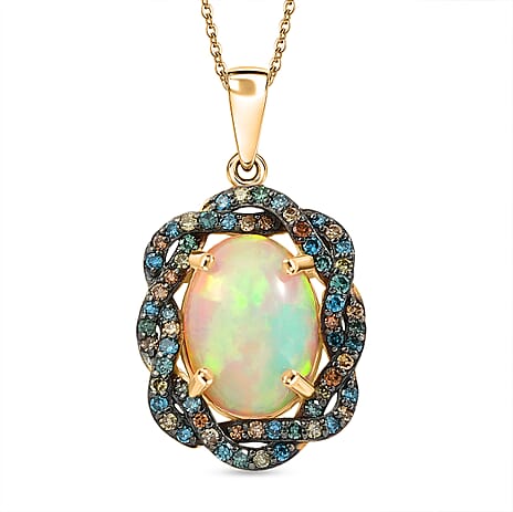Luxuriant - AAA Ethiopian Opal & SI-G-H Lab Grown Multi Diamond Cluster Halo Pendant with Chain (Size 20) in 18K Vermeil Yellow Gold Plated Sterling Silver 5.08 Ct