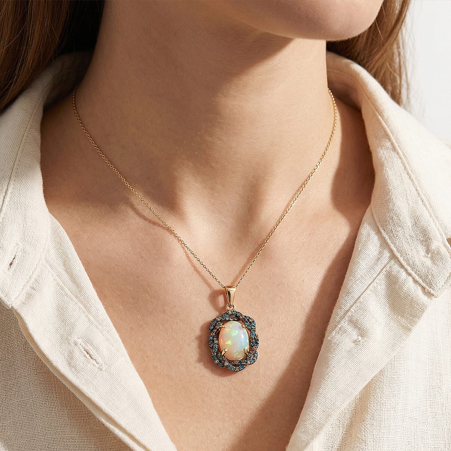 Luxuriant - AAA Ethiopian Opal & SI-G-H Lab Grown Multi Diamond Cluster Halo Pendant with Chain (Size 20) in 18K Vermeil Yellow Gold Plated Sterling Silver 5.08 Ct