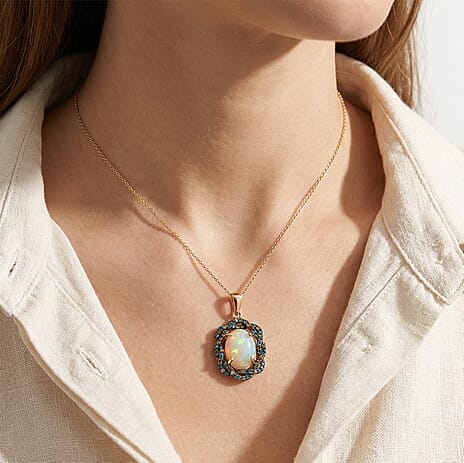 AAA Ethiopian Opal & SI-G-H Lab Grown Multi Diamond Cluster Halo Pendant with Chain (Size 20) in 18K Vermeil Yellow Gold Plated Sterling Silver 5.08 Ct