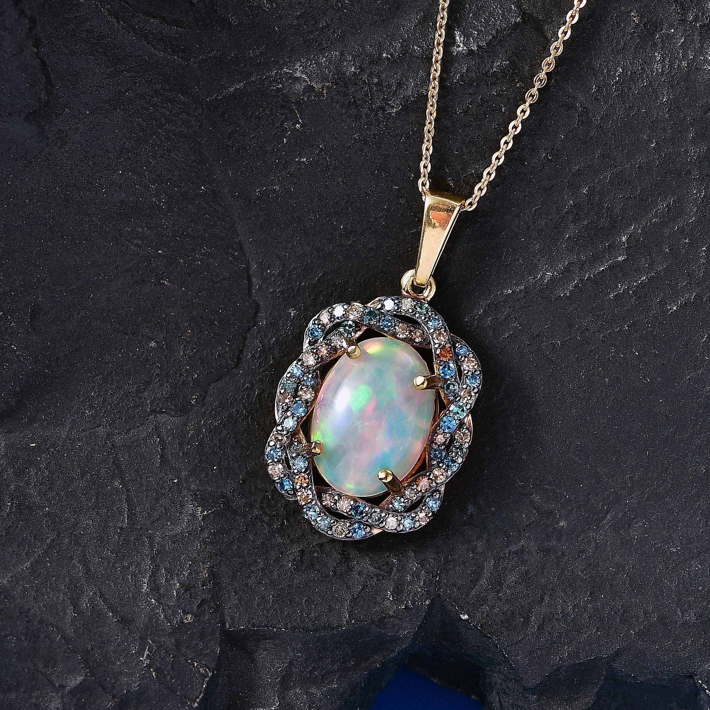 Luxuriant - AAA Ethiopian Opal & SI-G-H Lab Grown Multi Diamond Cluster Halo Pendant with Chain (Size 20) in 18K Vermeil Yellow Gold Plated Sterling Silver 5.08 Ct