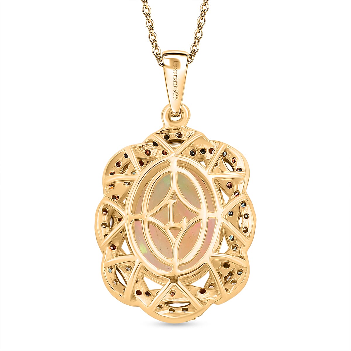 Luxuriant - AAA Ethiopian Opal & SI-G-H Lab Grown Multi Diamond Cluster Halo Pendant with Chain (Size 20) in 18K Vermeil Yellow Gold Plated Sterling Silver 5.08 Ct