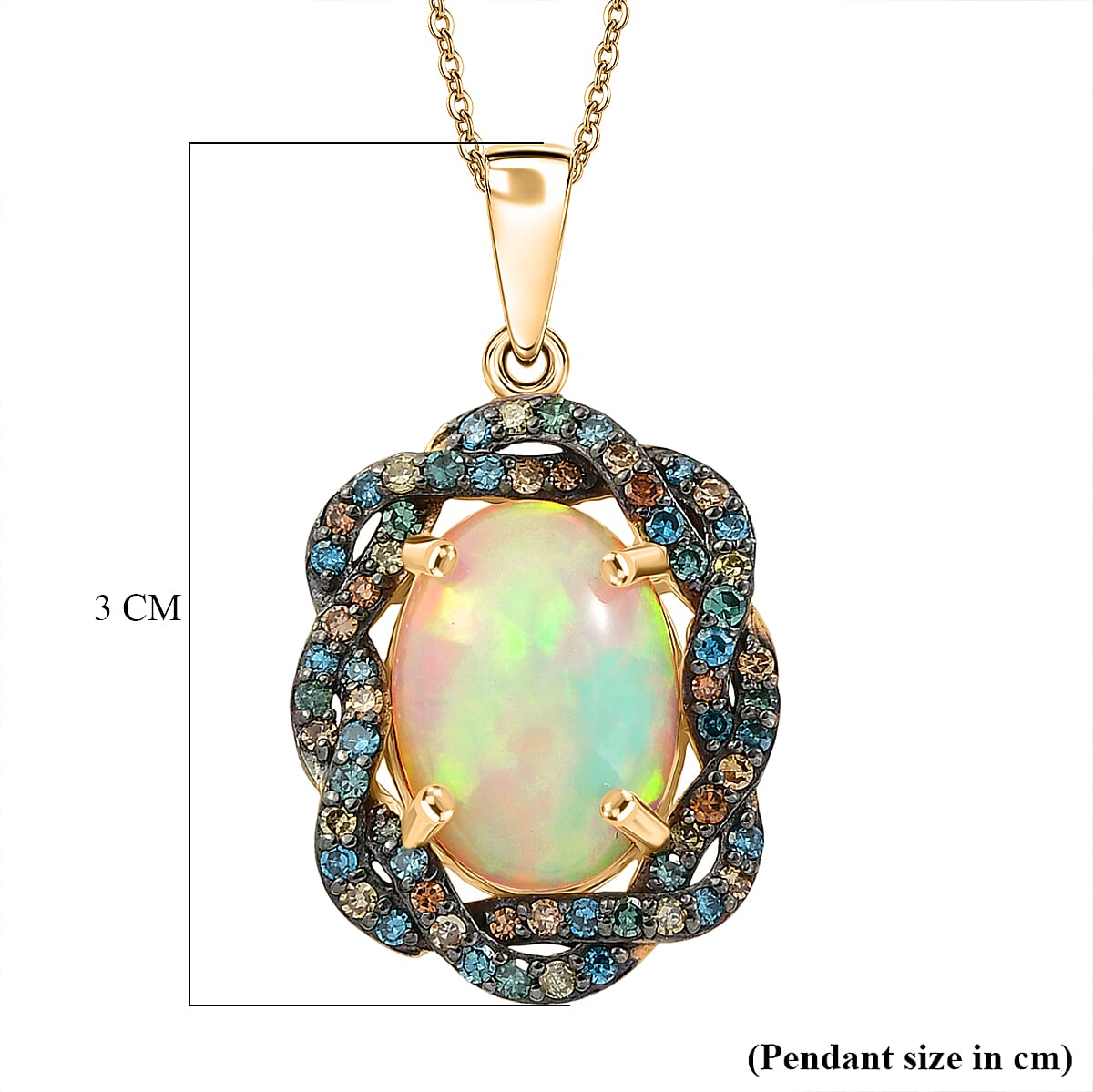 Luxuriant - AAA Ethiopian Opal & SI-G-H Lab Grown Multi Diamond Cluster Halo Pendant with Chain (Size 20) in 18K Vermeil Yellow Gold Plated Sterling Silver 5.08 Ct