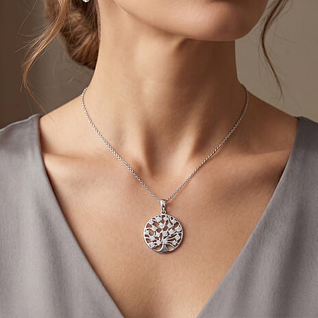 D'Joy - Moissanite Tree of Life Pendant with Chain (Size 20) in Platinum Overlay Sterling Silver
