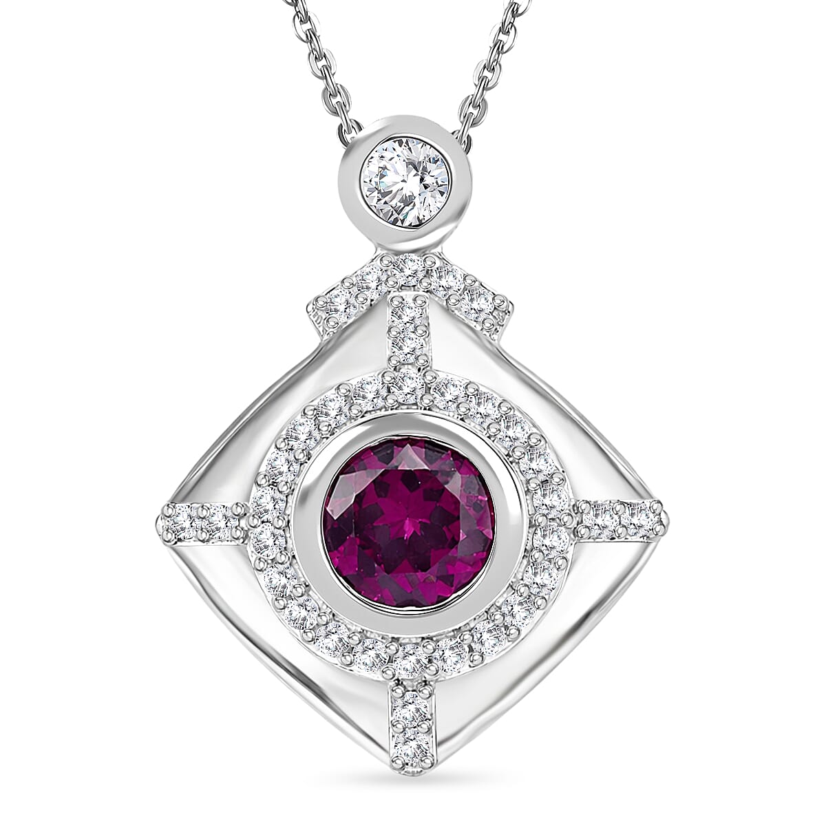 D'Joy - Radiant Ember Garnet & White Zircon Pendant with Chain (Size 20) in Rhodium Overlay Sterling Silver 1.00 Ct.