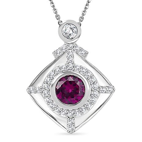 D'Joy - Radiant Ember Garnet & White Zircon Pendant with Chain (Size 20) in Rhodium Overlay Sterling Silver 1.00 Ct.