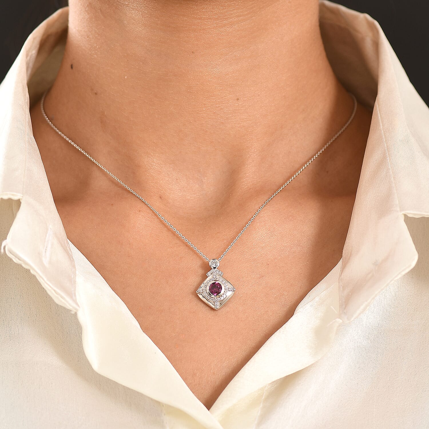 D'Joy - Radiant Ember Garnet & White Zircon Pendant with Chain (Size 20) in Rhodium Overlay Sterling Silver 1.00 Ct.