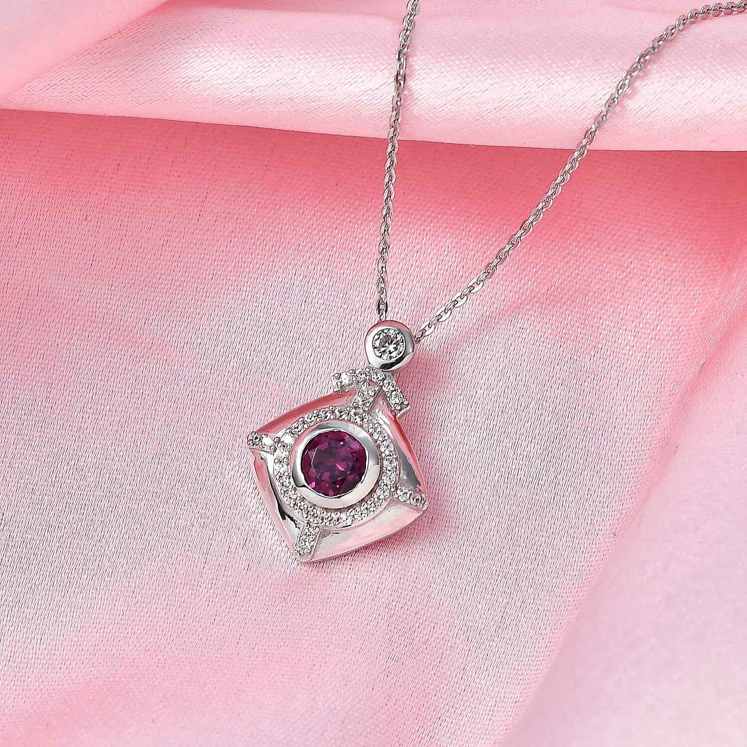 D'Joy - Radiant Ember Garnet & White Zircon Pendant with Chain (Size 20) in Rhodium Overlay Sterling Silver 1.00 Ct.