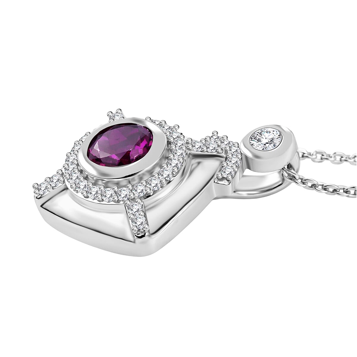 D'Joy - Radiant Ember Garnet & White Zircon Pendant with Chain (Size 20) in Rhodium Overlay Sterling Silver 1.00 Ct.