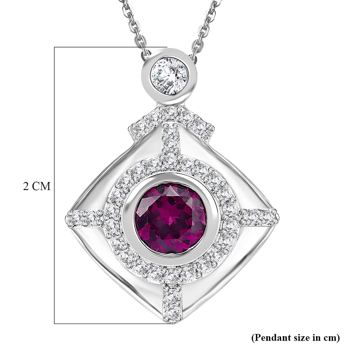 D'Joy - Radiant Ember Garnet & White Zircon Pendant with Chain (Size 20) in Rhodium Overlay Sterling Silver 1.00 Ct.