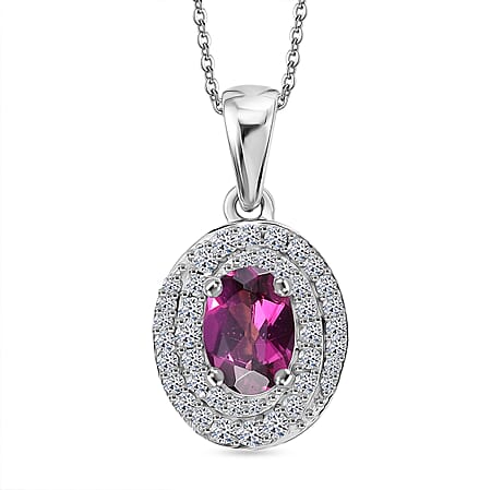 Luxuriant - Natural Radiant Ember Garnet & Lab Grown Diamond (SI-G-H) Halo Pendant with Chain (Size 20) in Rhodium Overlay Sterling Silver 1.26 Ct.