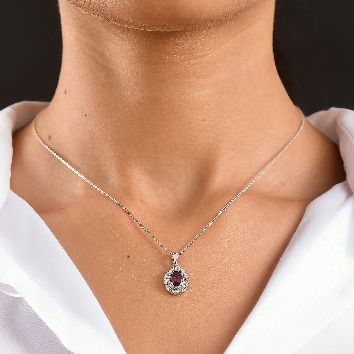 Luxuriant - Natural Radiant Ember Garnet & Lab Grown Diamond (SI-G-H) Halo Pendant with Chain (Size 20) in Rhodium Overlay Sterling Silver 1.26 Ct.