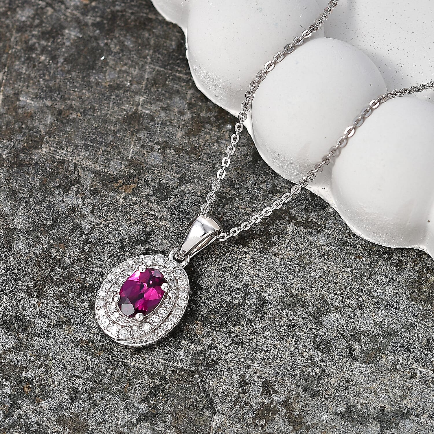 Luxuriant - Natural Radiant Ember Garnet & Lab Grown Diamond (SI-G-H) Halo Pendant with Chain (Size 20) in Rhodium Overlay Sterling Silver 1.26 Ct.