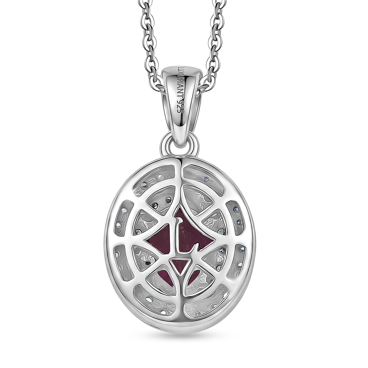 Luxuriant - Natural Radiant Ember Garnet & Lab Grown Diamond (SI-G-H) Halo Pendant with Chain (Size 20) in Rhodium Overlay Sterling Silver 1.26 Ct.