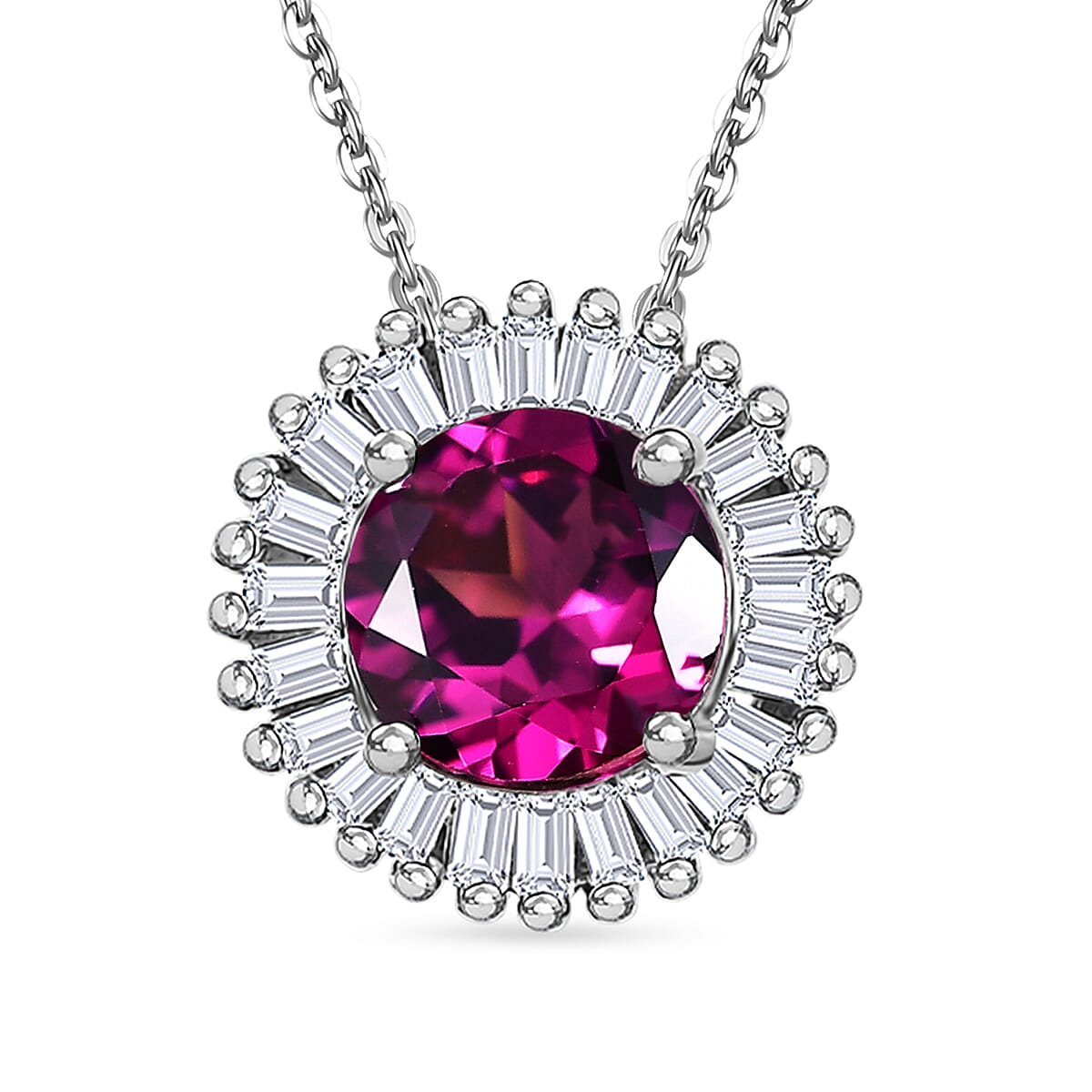 D'Joy - Natural Radiant Ember Garnet & White Diamond Halo Pendant with Chain (Size 20) in Rhodium Overlay Sterling Silver 0.93 Ct.