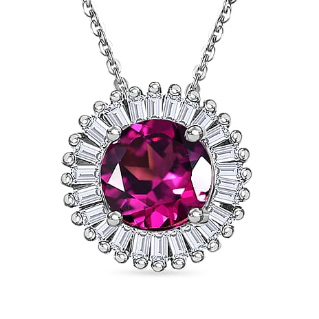 D'Joy - Natural Radiant Ember Garnet & White Diamond Halo Pendant with Chain (Size 20) in Rhodium Overlay Sterling Silver 0.93 Ct.
