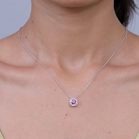 D'Joy - Natural Radiant Ember Garnet & White Diamond Halo Pendant with Chain (Size 20) in Rhodium Overlay Sterling Silver 0.93 Ct.