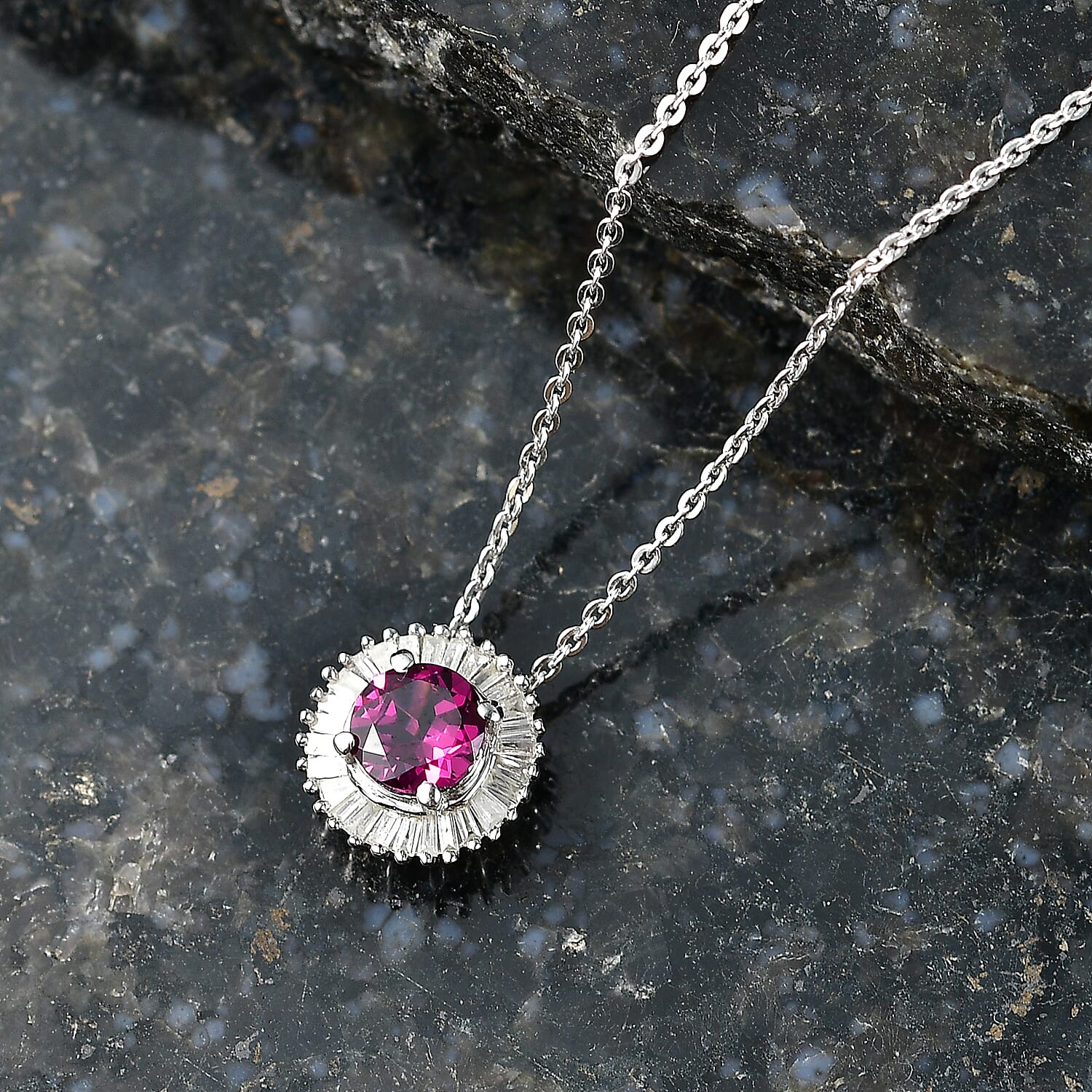 D'Joy - Natural Radiant Ember Garnet & White Diamond Halo Pendant with Chain (Size 20) in Rhodium Overlay Sterling Silver 0.93 Ct.
