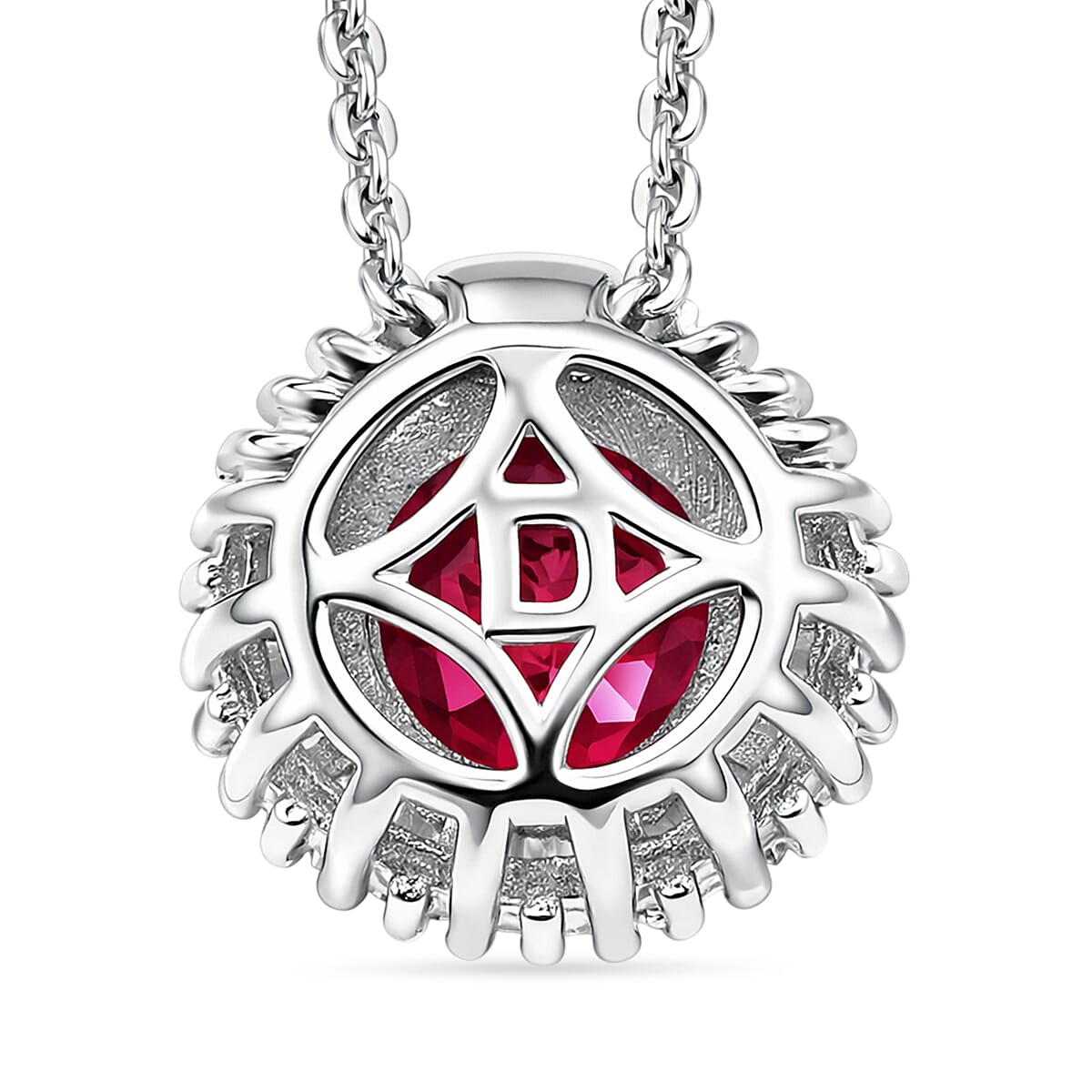 D'Joy - Natural Radiant Ember Garnet & White Diamond Halo Pendant with Chain (Size 20) in Rhodium Overlay Sterling Silver 0.93 Ct.