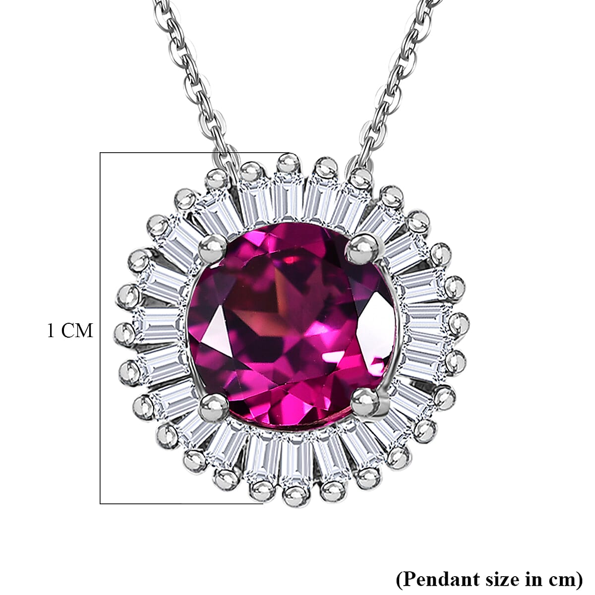 D'Joy - Natural Radiant Ember Garnet & White Diamond Halo Pendant with Chain (Size 20) in Rhodium Overlay Sterling Silver 0.93 Ct.