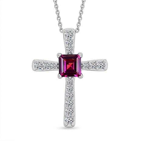 Luxuriant - Radiant Ember Garnet & Lab Grown Diamond (SI-G-H) Cross Pendant with Chain (Size 20) in Rhodium Overlay Sterling Silver 1.12 Ct.