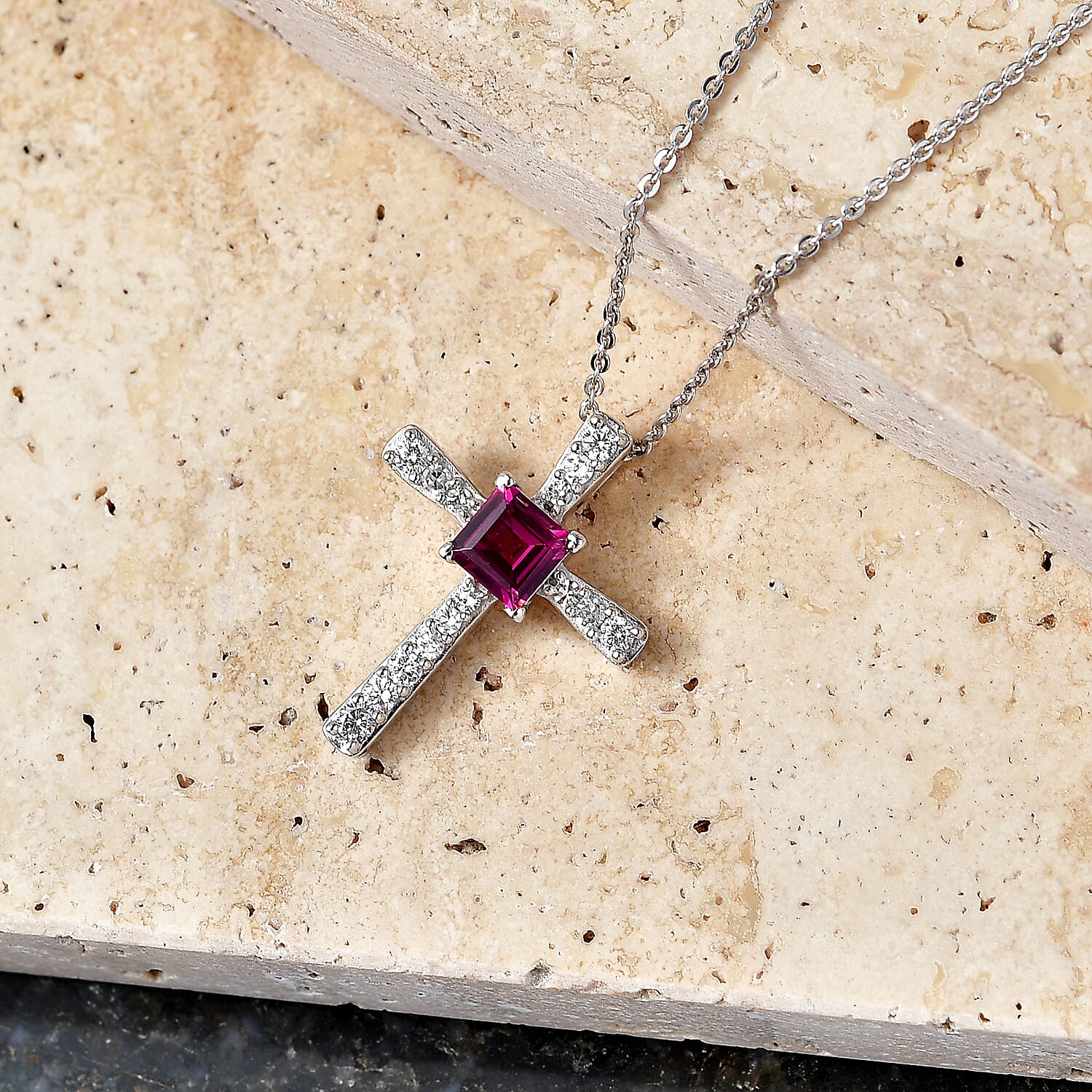 Luxuriant - Radiant Ember Garnet & Lab Grown Diamond (SI-G-H) Cross Pendant with Chain (Size 20) in Rhodium Overlay Sterling Silver 1.12 Ct.