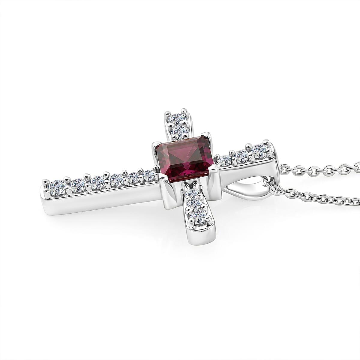 Luxuriant - Radiant Ember Garnet & Lab Grown Diamond (SI-G-H) Cross Pendant with Chain (Size 20) in Rhodium Overlay Sterling Silver 1.12 Ct.