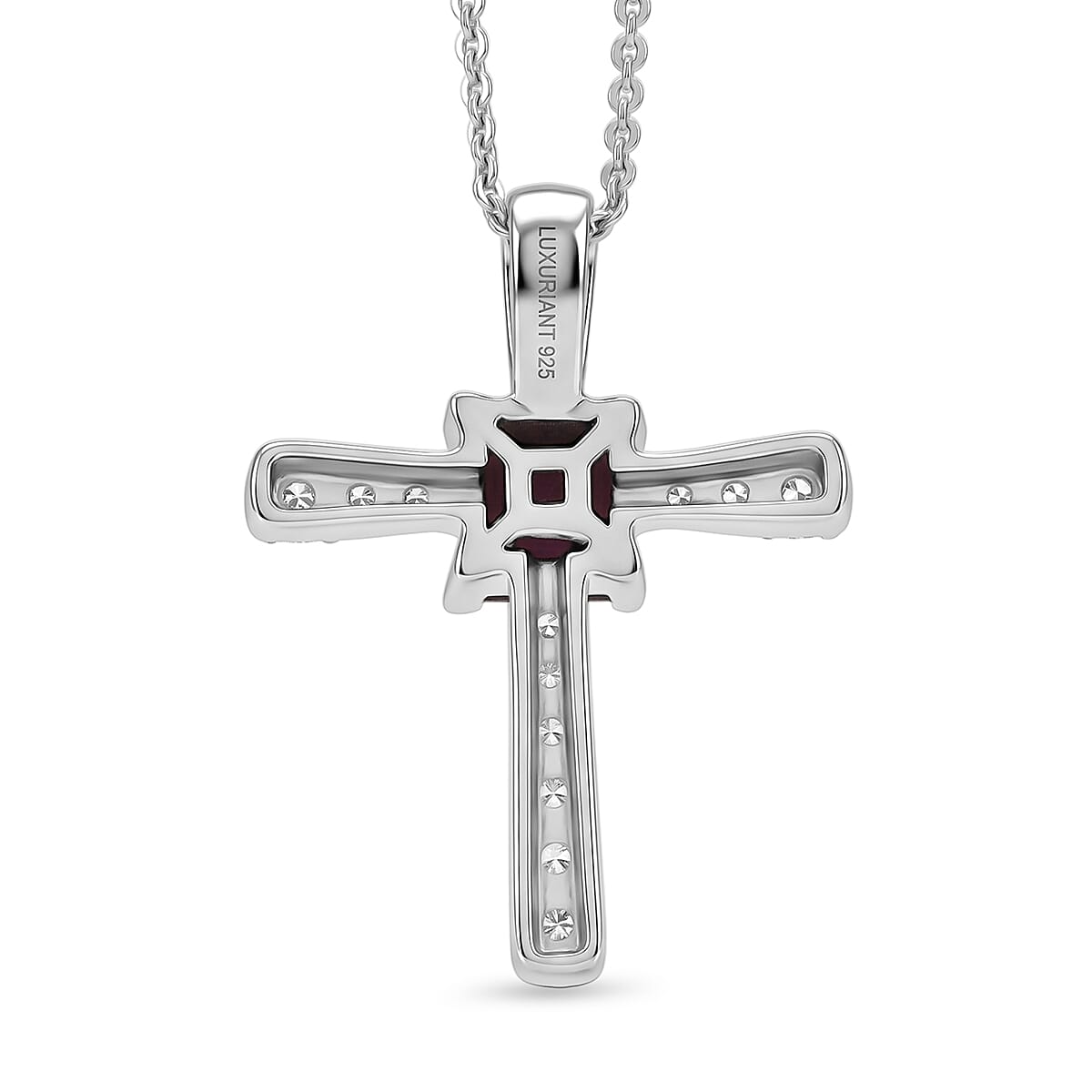 Luxuriant - Radiant Ember Garnet & Lab Grown Diamond (SI-G-H) Cross Pendant with Chain (Size 20) in Rhodium Overlay Sterling Silver 1.12 Ct.