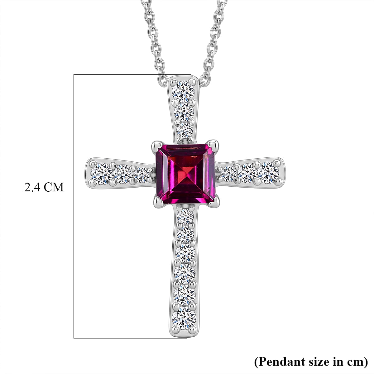 Luxuriant - Radiant Ember Garnet & Lab Grown Diamond (SI-G-H) Cross Pendant with Chain (Size 20) in Rhodium Overlay Sterling Silver 1.12 Ct.