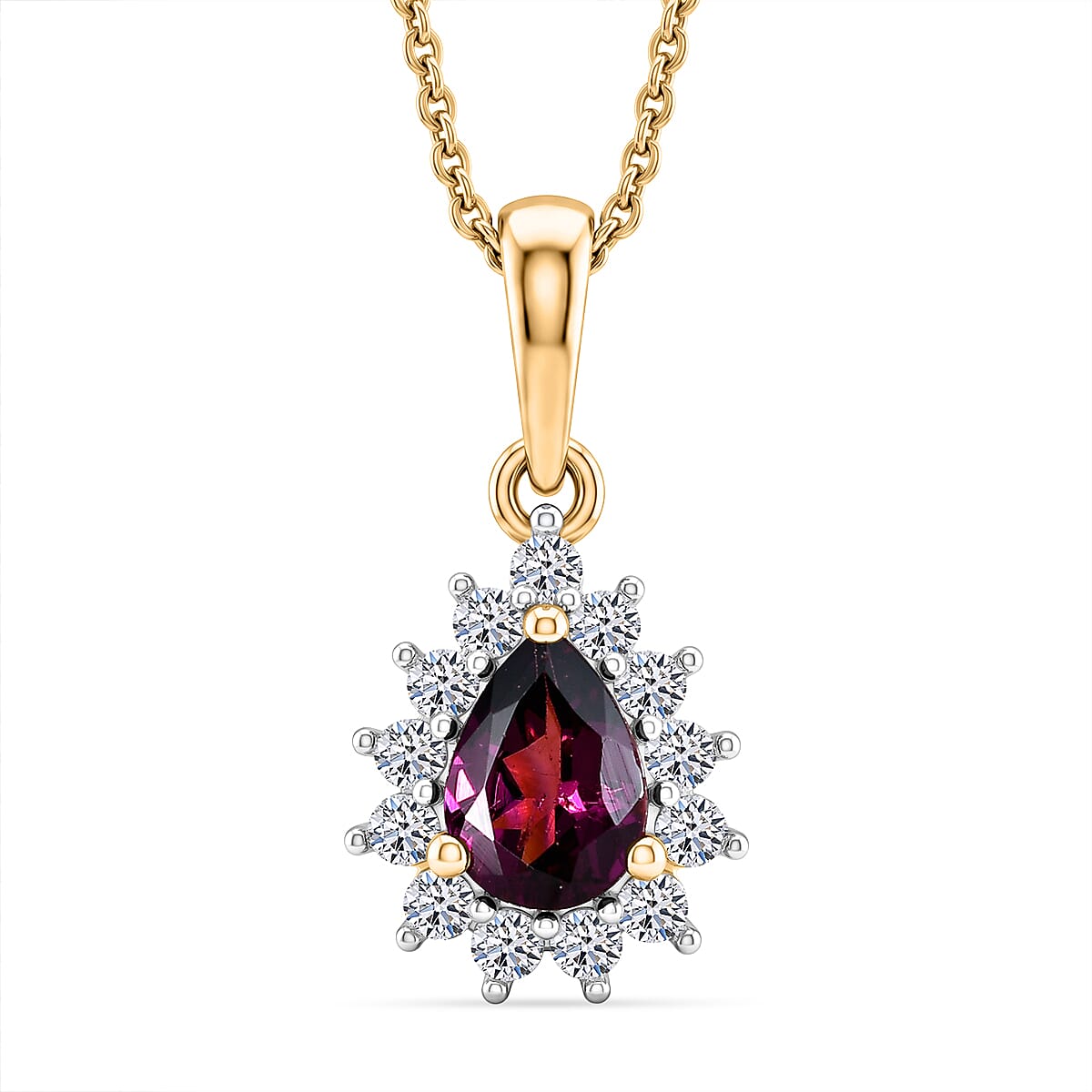 Luxuriant - Radiant Ember Garnet & Lab Grown Diamond (SI-G-H) Halo Pendant with Chain (Size 20) in 18K Vermeil Yellow Gold Plated Sterling Silver 1.05 Ct.