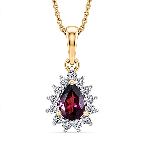 Luxuriant - Radiant Ember Garnet & Lab Grown Diamond (SI-G-H) Halo Pendant with Chain (Size 20) in 18K Vermeil Yellow Gold Plated Sterling Silver 1.05 Ct.