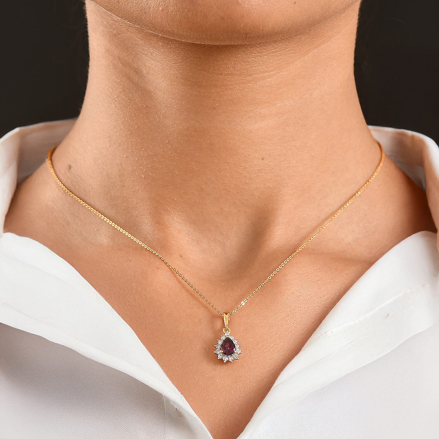 Luxuriant - Radiant Ember Garnet & Lab Grown Diamond (SI-G-H) Halo Pendant with Chain (Size 20) in 18K Vermeil Yellow Gold Plated Sterling Silver 1.05 Ct.