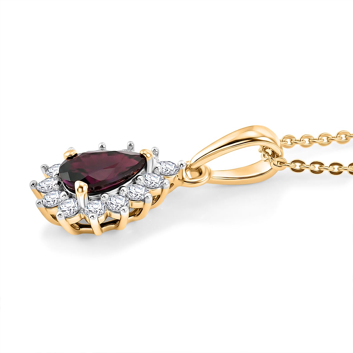 Luxuriant - Radiant Ember Garnet & Lab Grown Diamond (SI-G-H) Halo Pendant with Chain (Size 20) in 18K Vermeil Yellow Gold Plated Sterling Silver 1.05 Ct.