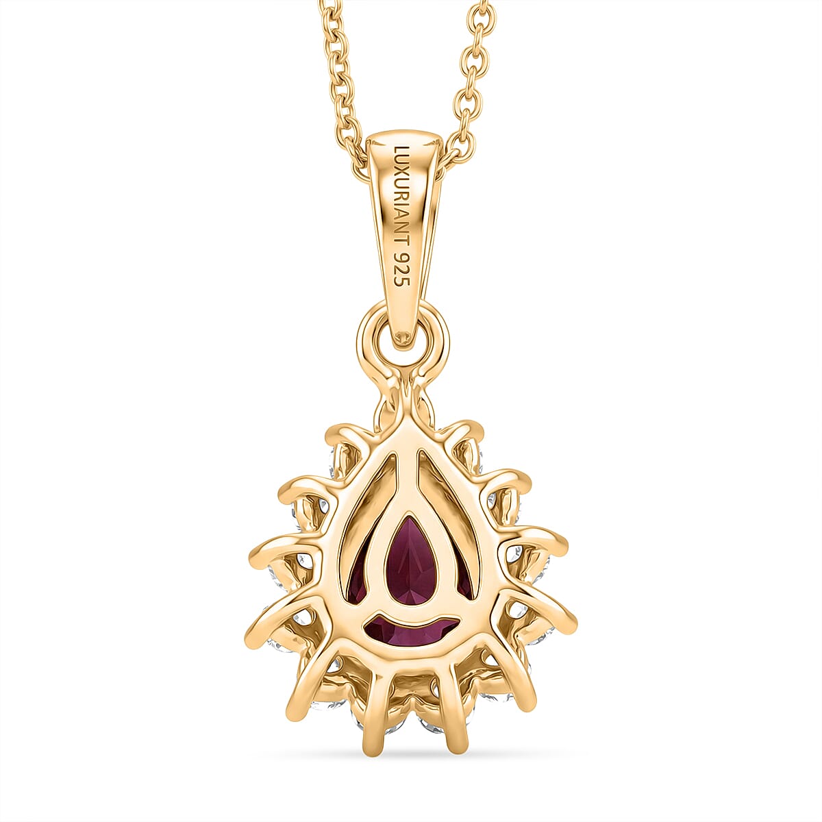 Luxuriant - Radiant Ember Garnet & Lab Grown Diamond (SI-G-H) Halo Pendant with Chain (Size 20) in 18K Vermeil Yellow Gold Plated Sterling Silver 1.05 Ct.