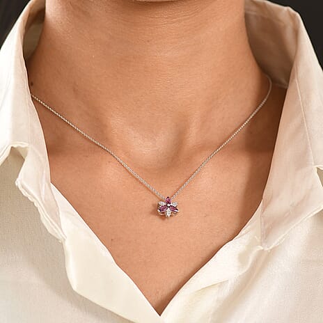 D'Joy - Natural Radiant Ember Garnet & White Zircon Floral Pendant with Chain (Size 20) in Rhodium Overlay Sterling Silver