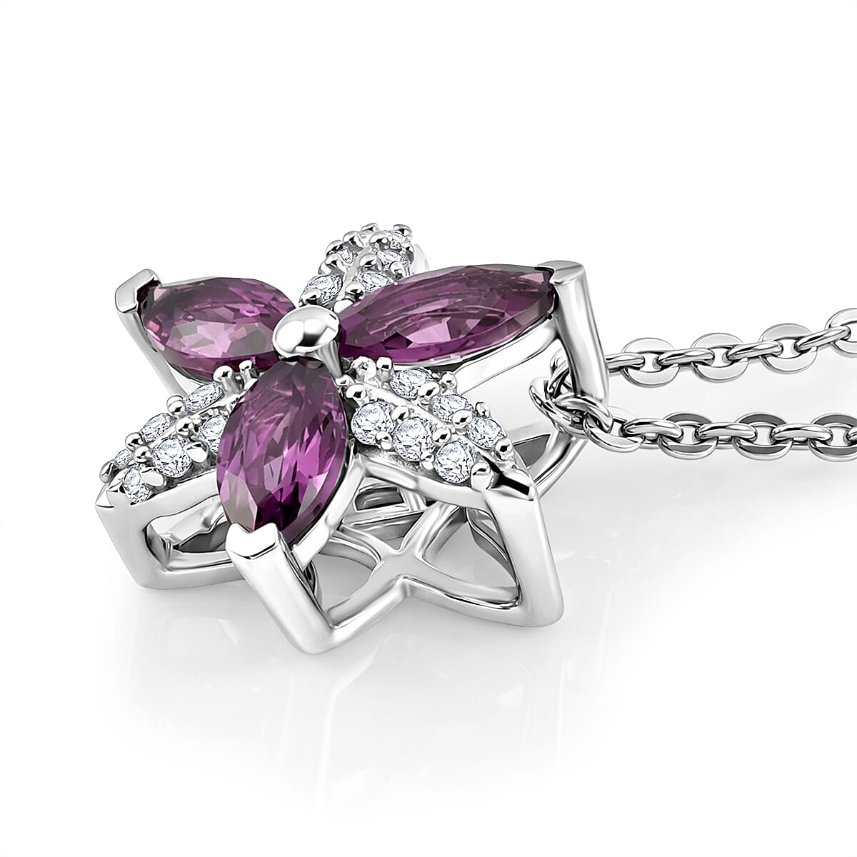 D'Joy - Radiant Ember Garnet & White Zircon Floral Pendant with Chain (Size 20) in Rhodium Overlay Sterling Silver