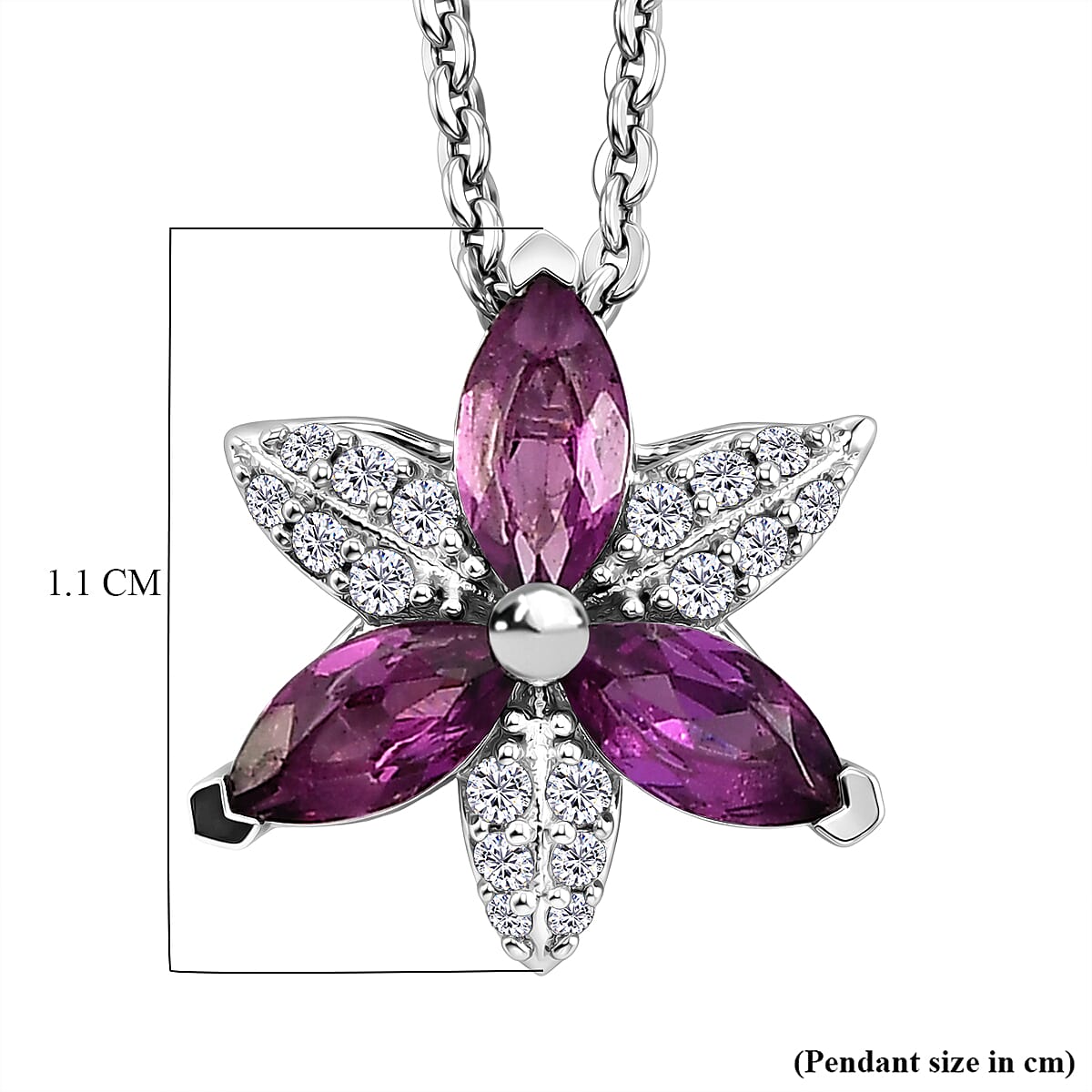 D'Joy - Radiant Ember Garnet & White Zircon Floral Pendant with Chain (Size 20) in Rhodium Overlay Sterling Silver