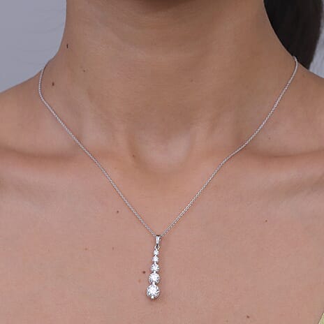 D'Joy - Moissanite 5 Stone Journey Pendant with Chain (Size 20) in Platinum Overlay Sterling Silver