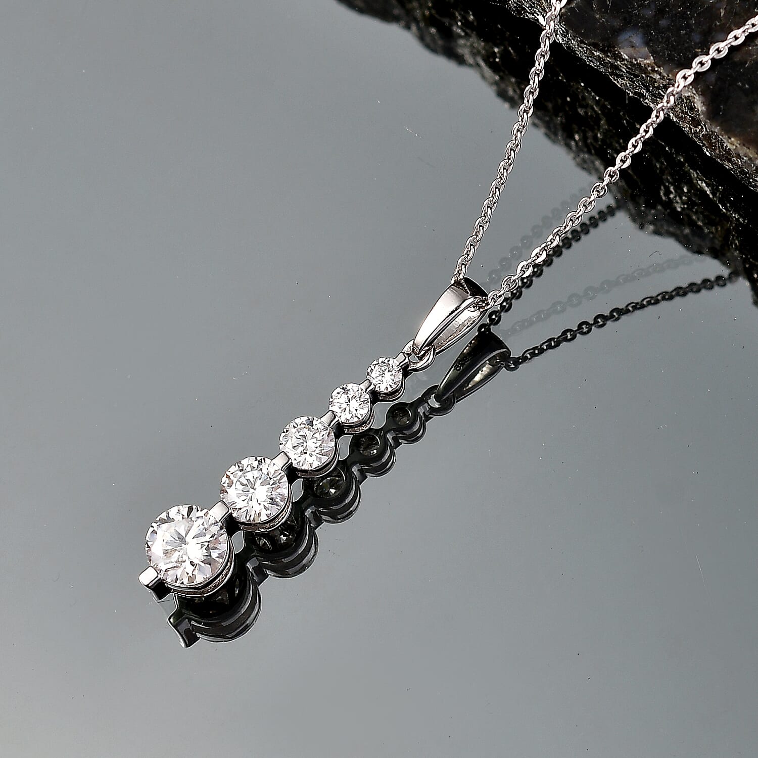 D'Joy - Moissanite 5 Stone Journey Pendant with Chain (Size 20) in Platinum Overlay Sterling Silver