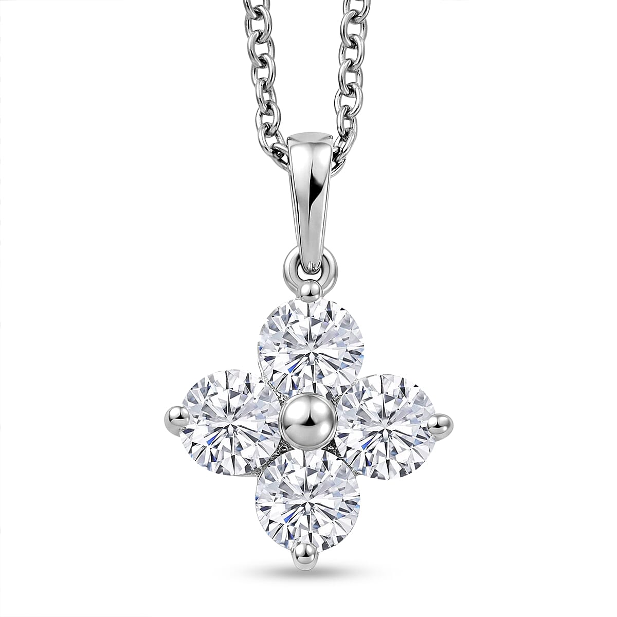 D'Joy - Moissanite Floral Pendant in Platinum Overlay Sterling Silver with Chain (Size 20) 1.77 Ct.