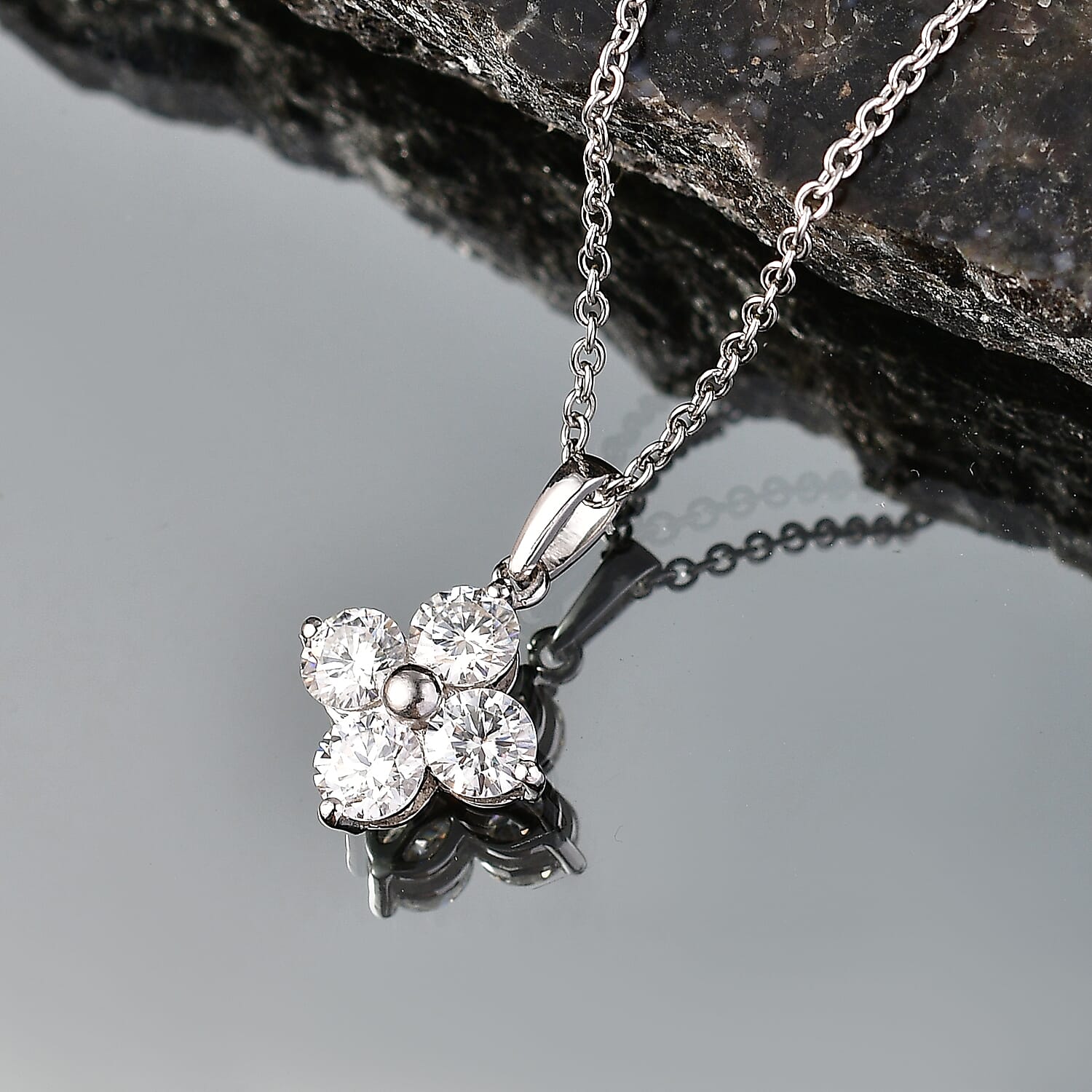 D'Joy - Moissanite Floral Pendant in Platinum Overlay Sterling Silver with Chain (Size 20) 1.77 Ct.