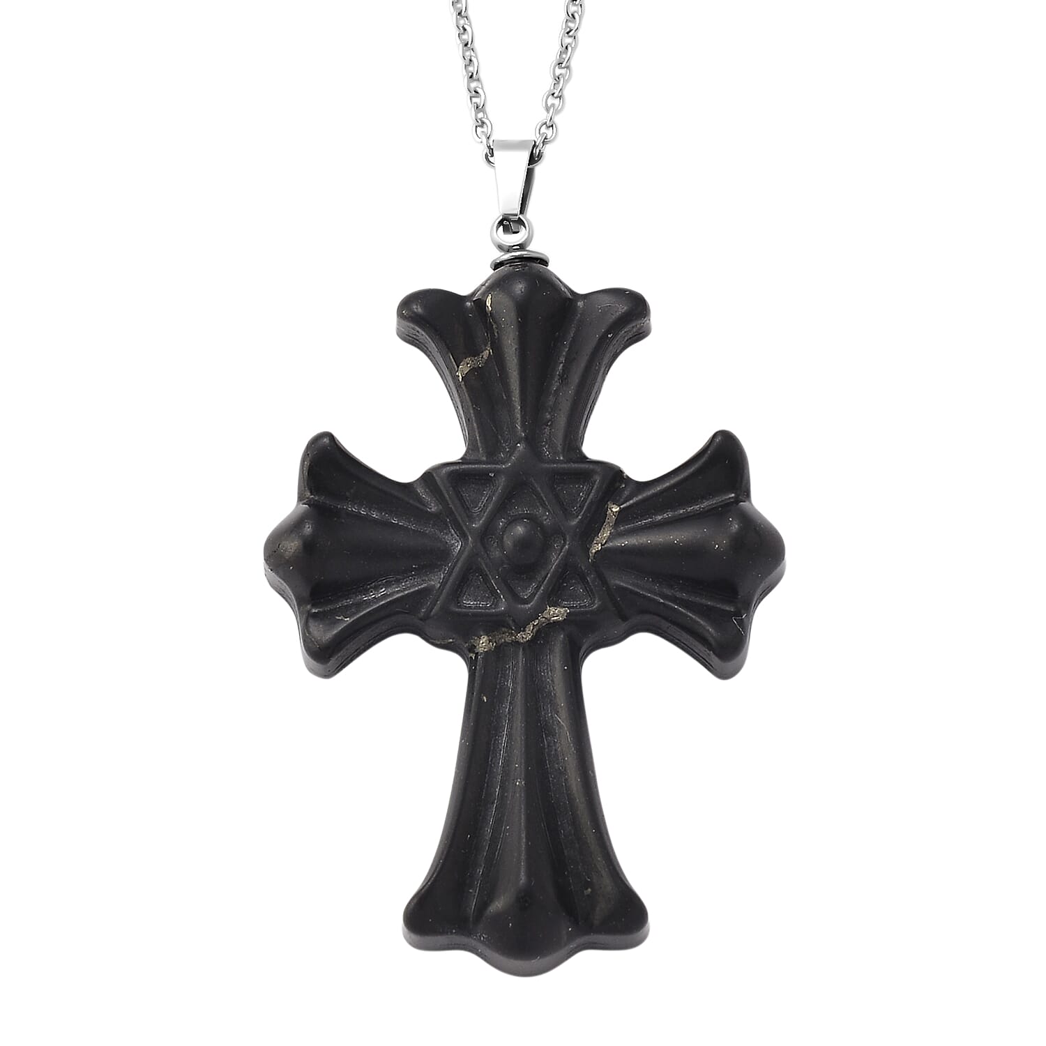 Shungite Cross Pendant with Chain (Size 20) in Silver Tone 50.00 Ct.