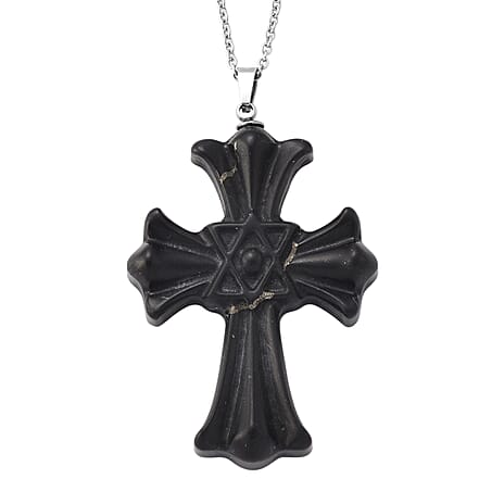 Shungite Cross Pendant with Chain (Size 20) in Silver Tone 50.00 Ct.