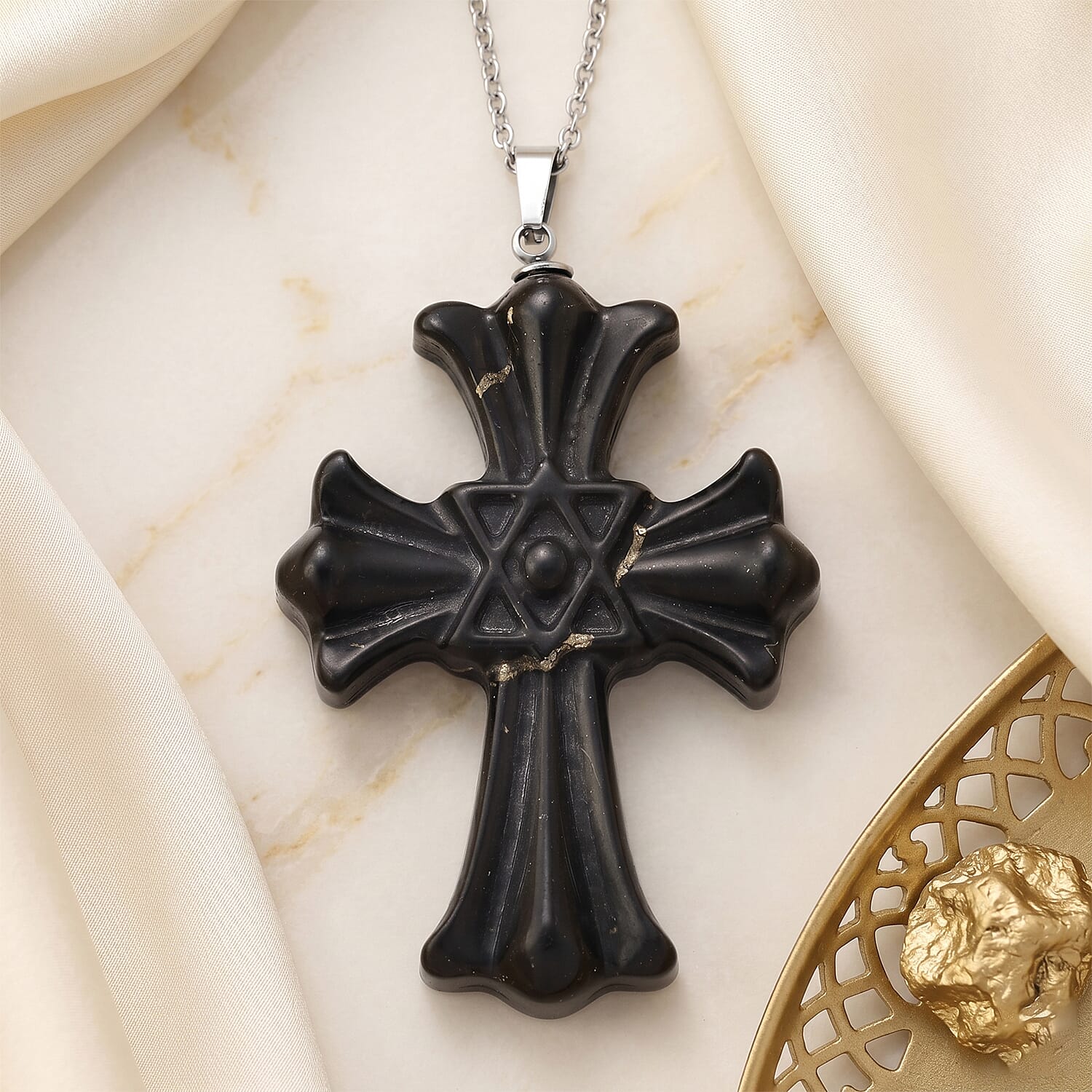 Shungite Cross Pendant with Chain (Size 20) in Silver Tone 50.00 Ct.