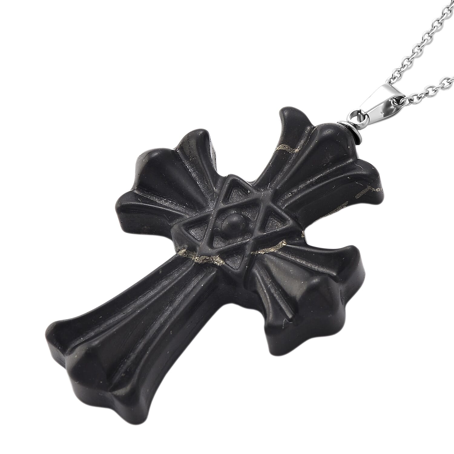 Shungite Cross Pendant with Chain (Size 20) in Silver Tone 50.00 Ct.