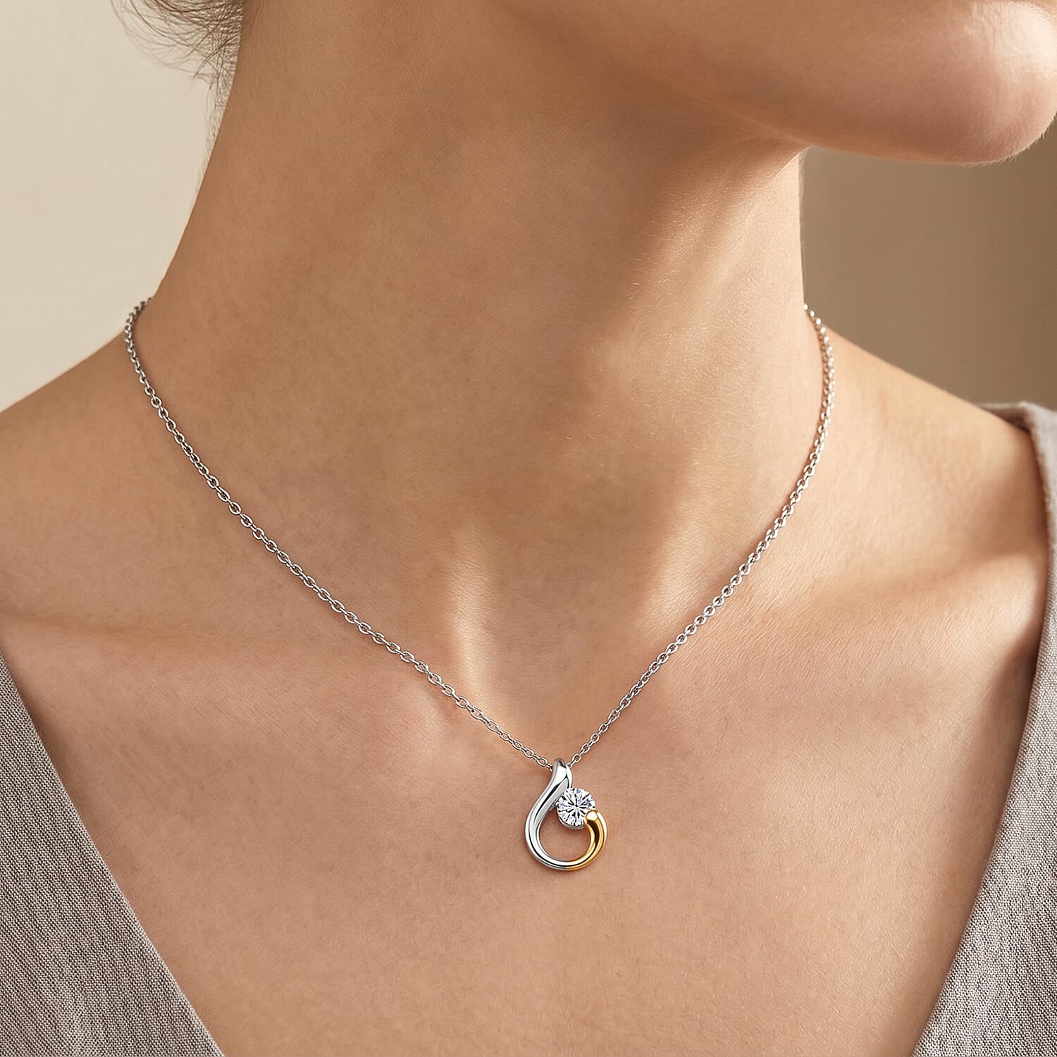 D'Joy - Moissanite Solitaire Pendant in Yellow Gold Plated & Platinum Overlay Sterling Silver with Chain (Size 20) 1.00 Ct.