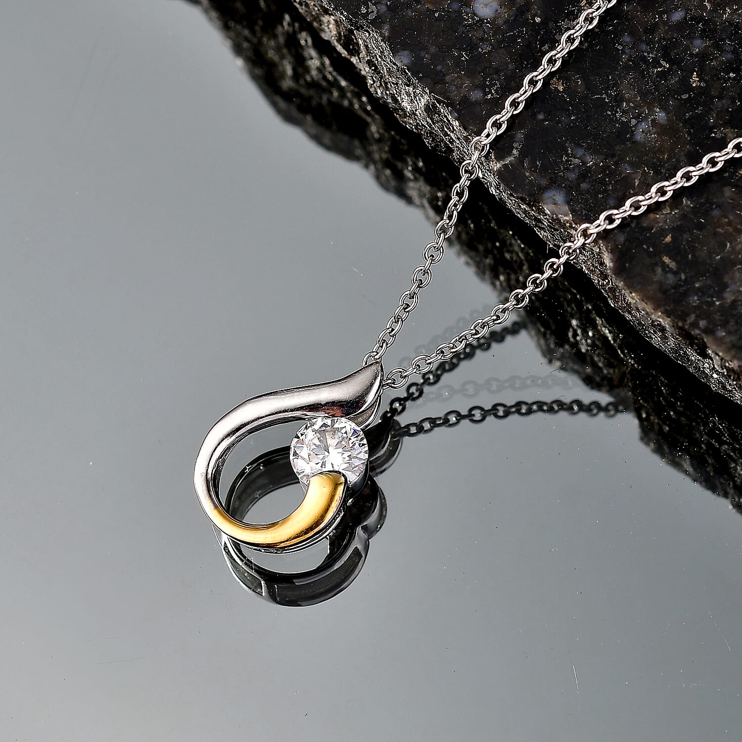 D'Joy - Moissanite Solitaire Pendant in Yellow Gold Plated & Platinum Overlay Sterling Silver with Chain (Size 20) 1.00 Ct.